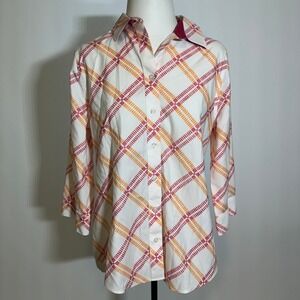 Chico's Pink Orange Diamond Plaid Button Up Blouse Womens Size 1 US 8/10 No Iron